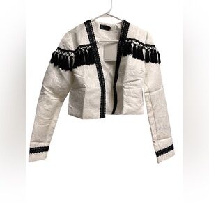 Blithe LA White Black Cropped Jacquard Jacket Tassel Fringe Trim Size M NWT